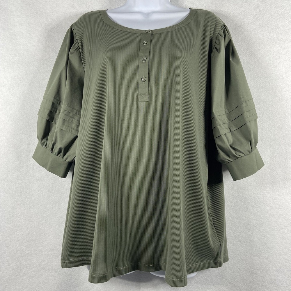 Chico's Top Women's 4 US XXL Green Ribbed Puff Sleeves Round Neck Stretch NWOT